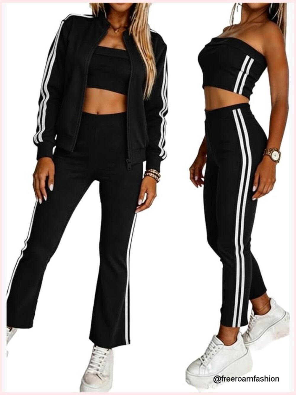 3 Piece Tracksuit Set Strapless Top Full Zip Jacket Jogger Pants Sweatsuit